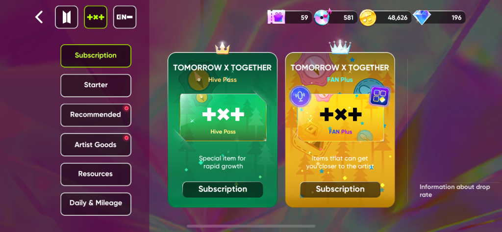A screenshot of the 2 types of Rhythm Hive Subscriptions